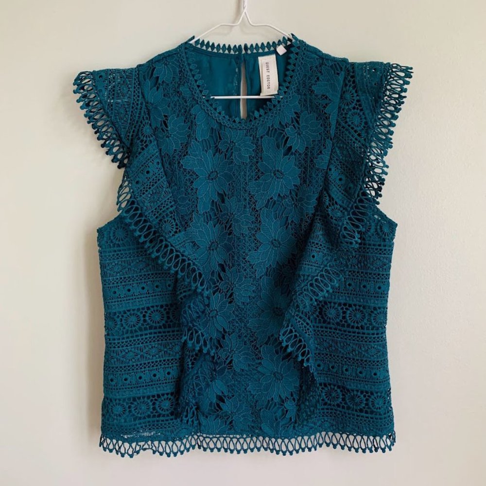 Guest Editor Teal Lace Sleeveless Top, Medium